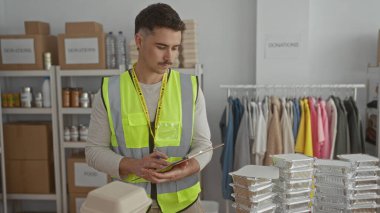 Yansıtıcı yelek giyen genç adam bağış kutuları ve yiyecek paketleriyle çevrili bir hayır kurumunda gönüllü olarak çalışıyor..