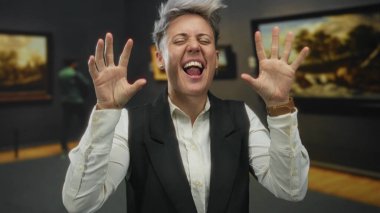 Gri saçlı ve siyah yelekli bir kadın bir bina galerisinde çerçeveli resmin önünde parmaklarını çimdikliyor..