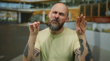 Sıradan tişörtlü kel bir adam şehir sokaklarında yüz ifadeleri yapıyor ve el hareketleriyle şehir merkezinde karizmatik ve komik kişilikler sergiliyor.