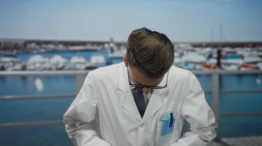 Genç İspanyol bilim adamı beyaz işçiyi limana yerleştirirken başını eğiyor; bilimsel merak..