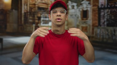 Kırmızı şapkalı ve kırmızı tişörtlü genç İspanyol adam, bina içinde elleri olan işaret hareketi yapıyor..