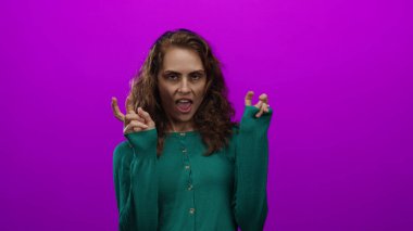 Genç bir kadın neşeli bir şekilde pembe bir arka plana karşı hareketli, kıvırcık saçlarıyla ve günlük tarzıyla duygularını ifade ediyor, tavır sergiliyor ve çevreden soyutlanıyor..