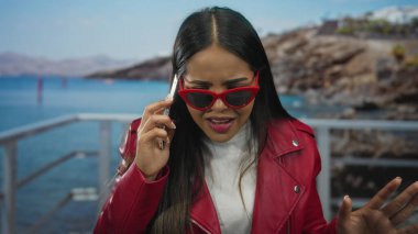 Telefon kullanan bir kadın, deniz kenarında elinde akıllı bir telefonla gezen Latin kökenli bir gencin bulunduğu bir plaj zeminine kızgın bir bakış atıyor..