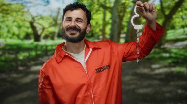 Turuncu tulumlu İspanyol bir adam elinde kelepçeler açık havada ağaçlarla dolu yemyeşil bir parkta gülümsüyor, zıt bir hapsedilme ve özgürlük karışımı sergiliyor..