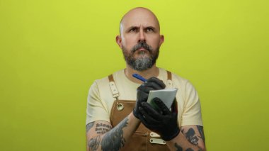 Dövmeli kel bir adam parlak sarı bir arka plan üzerine küçük bir deftere notlar yazar. Siyah eldivenler ve bej bir gömlek giyer..