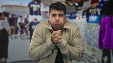 Ürperti pazara ulaştığında adam ellerini kapatırken, erkek genç İspanyol ziyaretçi açık hava kabini kalabalığını tarıyor..