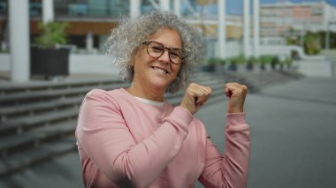 Beyaz saçlı, kollarıyla gülümseyen bir kadın şehir sokaklarında kendine güvenen bir poz veriyor..