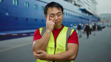 Güvenlik yeleği giymiş genç adam limanda güvenle gülümsüyor. Arka planda büyük bir gemi, yoğun bir sahneyi gösteriyor..