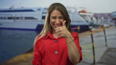 Orta yaşlı sarışın kadın, limandaki bir sokağa kenetlenmiş kırmızı bir teknenin yanında baş parmağını kaldırıyor. İyimserlik..