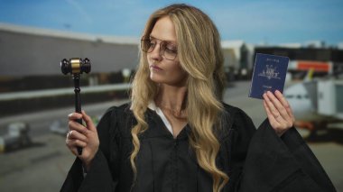 Kadın yargıç elinde Avustralya pasaportu ve tokmağı ile havaalanı terminalinde duruyor..
