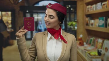 Kütüphanede elinde Türk pasaportu olan, kırmızı eşarp takmış ve modern eğitim ortamında güvenle gülümseyen bir kadın uçuş görevlisi..