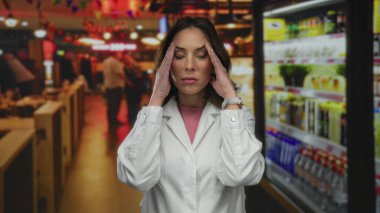 Beyaz önlüklü İspanyol kadın, arka planı bulanık ve parlak ışıklandırmalı hareketli bir lokantada dikilirken stresli hissediyordu..