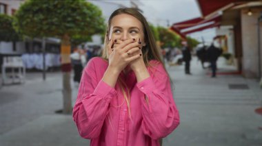 Pembe tişörtlü bir kadın kalabalık bir caddede elleri ile ağzını kapatıyor, insanlar ve ağaçlarla çevrili, açık havada samimi bir anı yakalıyor..