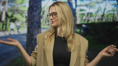 Gözlüklü kadın elini uzatır ve parkın çevresini işaret eder; genç, sarışın, beyaz; yeşil arka plan ortasında günlük ceket giyer.