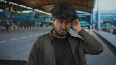 Havaalanı terminalinde sakallı genç bir İspanyol arka planda modern mimari ile aydınlatma altında meraklı ve düşünceli görünüyor.
