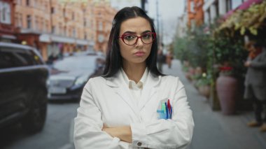 Kırmızı gözlüklü genç İspanyol bilim kadını şehir merkezinde yayalar geçerken kalabalık caddelerde arabalarla ve binalarla çevrili dışarıda dolaşmıyor.