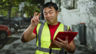 Şehir caddesinde elinde bir pano tutan, şehir ortamında kendinden emin ve profesyonel görünen, açık hava iş ortamı sunan, yüksek görüşlü bir adam..