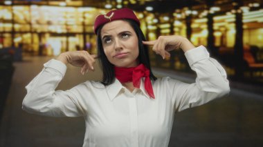 Gece açık bir sokakta kulaklarını kapatan uçuş görevlisi kadın kırmızı eşarp ve şapkalı bir üniforma giyiyor parlak ışıklı bulanık bir şehir arka planına yakalanmış..