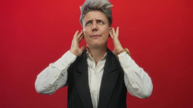 Beyaz gömlekli ve kısa saçlı siyah yelekli bir kadın stüdyo kırmızı arka planda elleri kulaklarıyla kulaklarını kapatıyor..