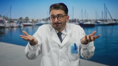 Beyaz önlüklü genç bilim adamı rıhtım tekneli bir marinanın yanındaki bir sokakta palmiyelerini silkeliyor; belirsizlik.