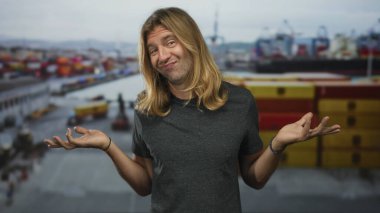 Uzun saçlı sarışın adam, yoğun liman terminalinde istiflenmiş nakliye konteynırları ve demirlemiş teknelerle omuz silkiyor..