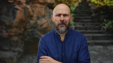 Mavi tişörtlü kel bir adam kayalık bir arka planı olan açık şehir ortamında ciddi bir şekilde el kol hareketi yapar. Yoğun ifadesini ve çekici tavırlarını yakalar..