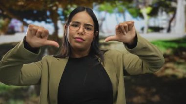 Parkta parmaklarını kaldıran kendinden emin bir kadın onaylamadığını belirterek yeşil arka plana karşı Latin asıllı genç bir Latin havayı yansıtıyor..