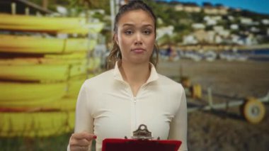 Genç bir kadın deniz kenarında güneşli gökyüzünün altında sarı bir kano ile konuşuyor, yaz boyunca canlı bir sahil atmosferi yakalıyor..