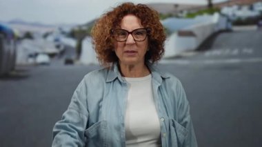 Hispanik kadın, bulutlu bir günde günlük kot pantolon ve gözlük giyip, duygularına ve kentsel çevresine vurgu yaparak şehir caddesinde öfkesini ifade ediyor..