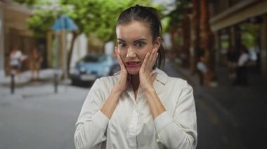 Meşgul bir caddede, bir mağaza önünde beyaz bir gömlek içinde ürkerken, iki eliyle yanakları bastıran kadın;.