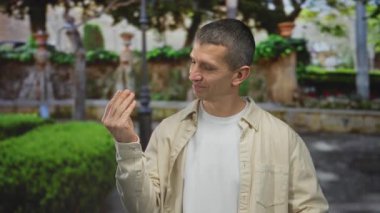 Güneşli bir parkta canlı yeşillik ve taş yolu ile el kol hareketi yapan beyaz bir adam neşeli ve anlamlı bir açık hava ortamı öneriyor..