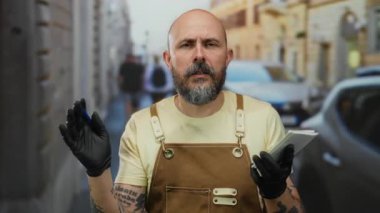 Sakallı ve dövmeli kel bir adam eldiven ve önlük giymiş, elinde not defteri ve kalemle şehir binalarının ve arabaların arka planına karşı duruyor..