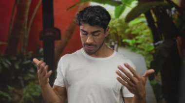 Genç İspanyol adam yemyeşil yeşilliklerle çerçevelenmiş kırmızı bir binanın önünde çıplak avuçlarını kaldırıyor..