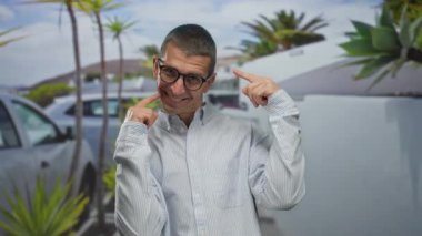 Gözlüklü ve çizgili gömlekli bir adam, arka planda palmiye ağaçları ve park edilmiş arabalarla güneşli bir sokakta yüzünü gösterirken gülümsüyor..