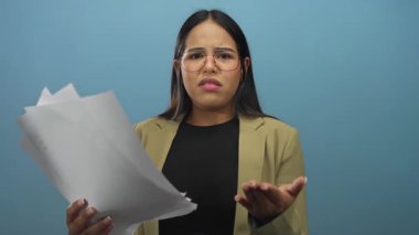 Bir kadın, genç Latin kökenli bir Latin 'le birlikte bir stüdyonun içinde mavi izole edilmiş bir arka plana karşı dokümanları tutuyor..