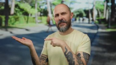 Şehir caddesinde sakallı, dövmeli, sarı gömlekli, açık havada güneş ışığı altında duran kel bir adam..