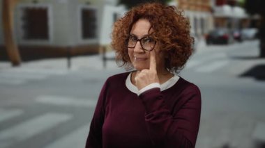 Gözlüklü esmer kadın, şehir merkezinde düşünceli ve konuşkan bir davranış sergiliyor..