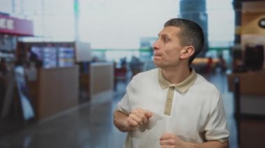 Havalimanında kafkasyalı bir adam yumrukları havada, bulanık terminal geçmişiyle çevrili bir şekilde toplum içinde bir gerginlik ve belirsizlik anı yakalıyor..