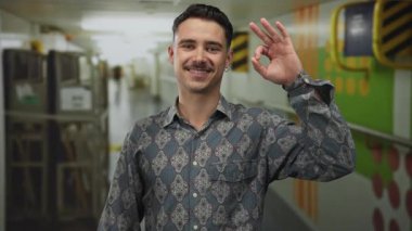 Yolcu teknesi koridorundaki genç adam neşeli bir gülümsemeyle iyi bir jest yapıyor, deniz yolculuğu sırasında rahatlama gösterisi yapıyor..