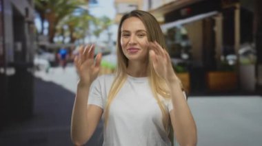 Canlı bir şehir caddesinde neşeli poz veren genç bir kadın bulanık bir geçmişi olan şehir yaşamını gözler önüne seren, açık bir şehir ortamında güven ve neşe saçan bir kadın..