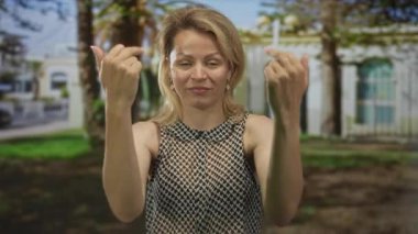 Sarışın kadın, palmiye ağaçlarının önünde siyah ve beyaz bir kalp bluzu giyerken el kol hareketi yapar..