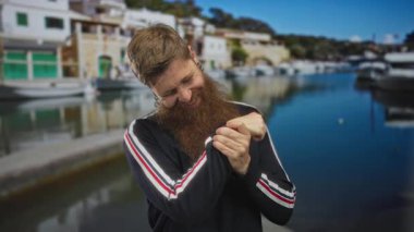 Uzun sakallı, çizgili süveter giyen bir adam, su kenarında güneşli bina cephesine karşı çıplak bileğini tutuyor; acı.