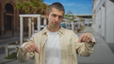 Beyaz binalar ve arka planda yeşillik ile güneşli bir sokakta aşağı doğru hareket eden beyaz bir adam kent ortamında yön vurgusunu iletiyor..