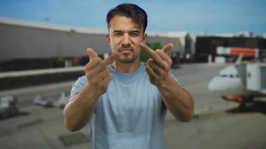 Arka planda bulanık uçaklarla havaalanında kaba jestler yapan Latin asıllı genç bir adam, açık hava seyahatlerinde hayal kırıklığı ve meydan okuma yaşıyor..