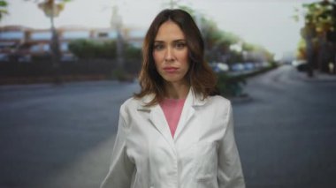 Beyaz önlüklü kadın hareketli bir şehir caddesinde duruyor, profesyonelliği somutlaştırıyor ve açık hava kentsel ortamının ortasına odaklanıyor..