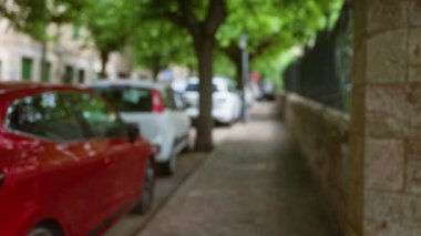 Parlak, güneşli bir günde, parkedilmiş arabalarla ve ağaçlarla kaplı şehir dışı manzarası.