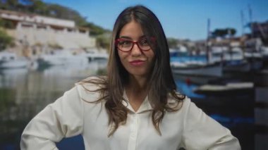 Kadınlar güneşli deniz manzarasını, neşeli bir ifadeyle teknelerin yanında parlak bir şekilde gülümsemeyi ve genç enerjisini vurgulayan şık kırmızı bardakları severler..