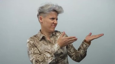 Kısa saçlı, beyaz bir kadın gri bir stüdyoda elleri açık, kaşlarını çatmış, şüpheli..