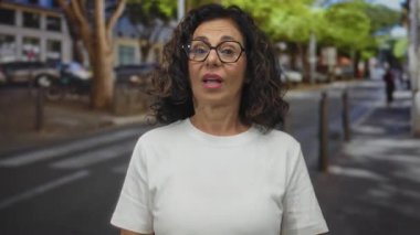 Orta yaşlı kıvırcık saçlı ve gözlüklü İspanyol kadın işlek cadde kavşağında ellerini ardına kadar açıyor..