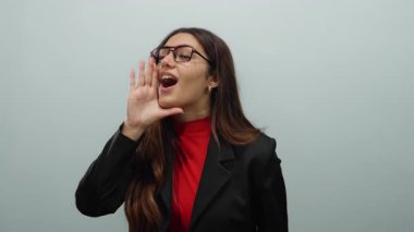 İş kıyafeti giymiş genç bir kadın izole beyaz arka planda bağırarak neşeli bir iletişim ya da duyuru yapıyor..
